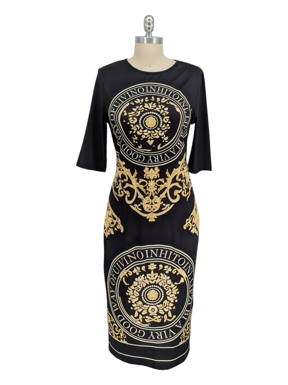 30359 NEW Stylewe Printed Bodycon Dress Black Gold size Medium gothic party